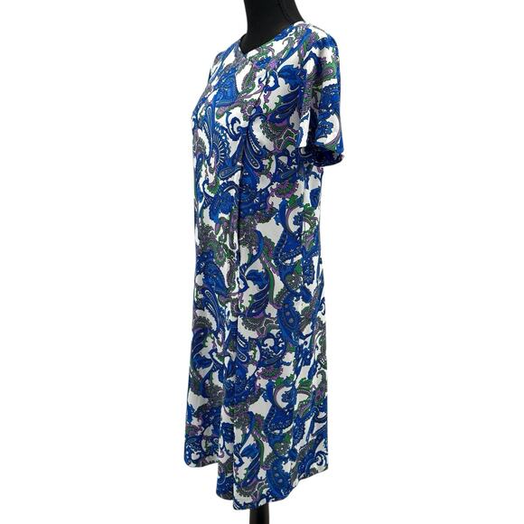Vintage Shelton Stroller 60s White Dress Blue Paisley Print Flower Front Zip - Picture 4 of 8